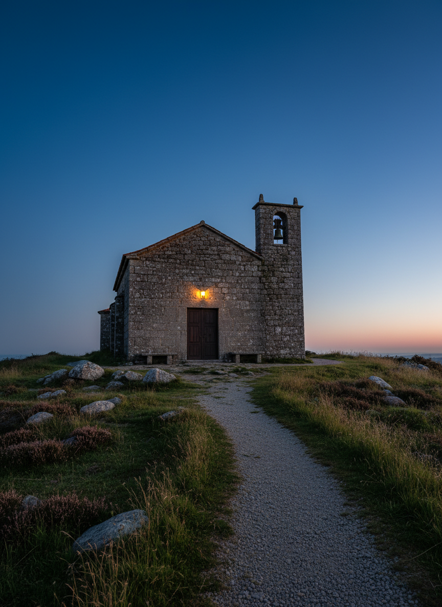 A simple stone church with a modest bell tower standing on a hilltop beside the Camino at blue hour, its rough-hewn façade subtly illuminated by a single warm light above the wooden door. The foreground shows a narrow gravel path edged by low wild grasses and scattered rocks leading directly to the entrance. The sky is a deep gradient from cobalt to indigo, with the faintest glow of the just-set sun on the horizon. Photographic realism, shot from a low angle using the rule of thirds, with the church slightly off-center and the path as a leading line. Long, soft shadows and cool ambient light create a hushed, reverent mood, suggesting a quiet pause for reflection at day’s end.