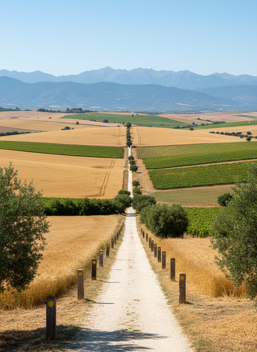An expansive view of the Camino de Santiago trail cutting like a pale ribbon through a patchwork of golden wheat fields and deep green vineyards, stretching toward low, blue-gray mountains on the far horizon. A line of weathered wooden waymarkers with small yellow arrows leads the eye forward. High midday sun creates crisp, bright light, sharpening contrasts between sunlit fields and cool shadows cast by sparse trees along the path. Photographic realism, captured from a slightly elevated vantage point with a wide-angle composition, sharp focus throughout to emphasize the vastness of the landscape. The mood is spacious and contemplative, evoking the rhythm of long-distance walking and the sense of moving through an immense, ancient countryside.