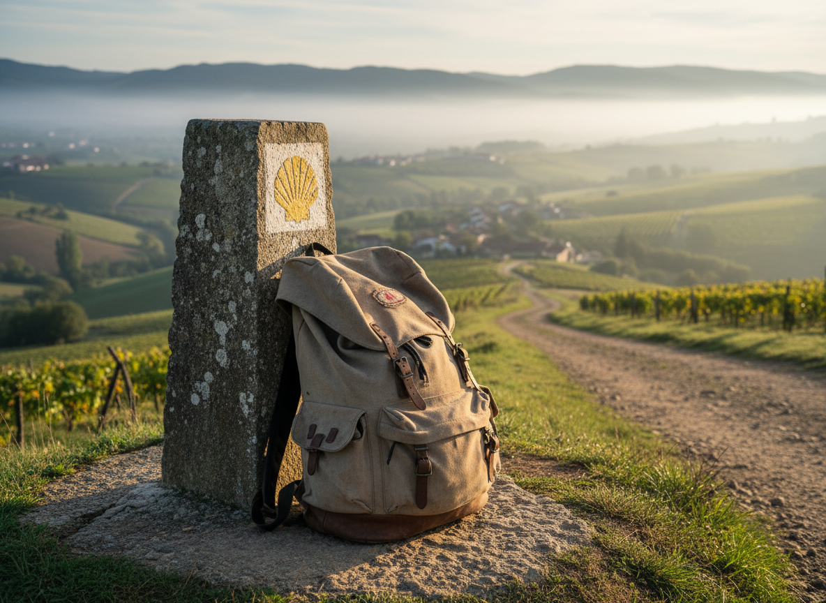 A well-worn pilgrim’s backpack resting against a weathered stone milestone marked with a yellow scallop shell, set beside a narrow dirt path winding through rolling green hills of northern Spain. Morning mist hangs low over distant vineyards and small stone villages. Soft early sunlight filters through thin clouds, catching the frayed straps and dust on the pack, casting long, delicate shadows across the path. Photographic realism, shot at eye level with a shallow depth of field so the milestone and backpack are in crisp focus while the landscape recedes into a gentle blur. The mood is contemplative and quietly determined, suggesting the beginning of a long day’s walk on the Camino de Santiago.
