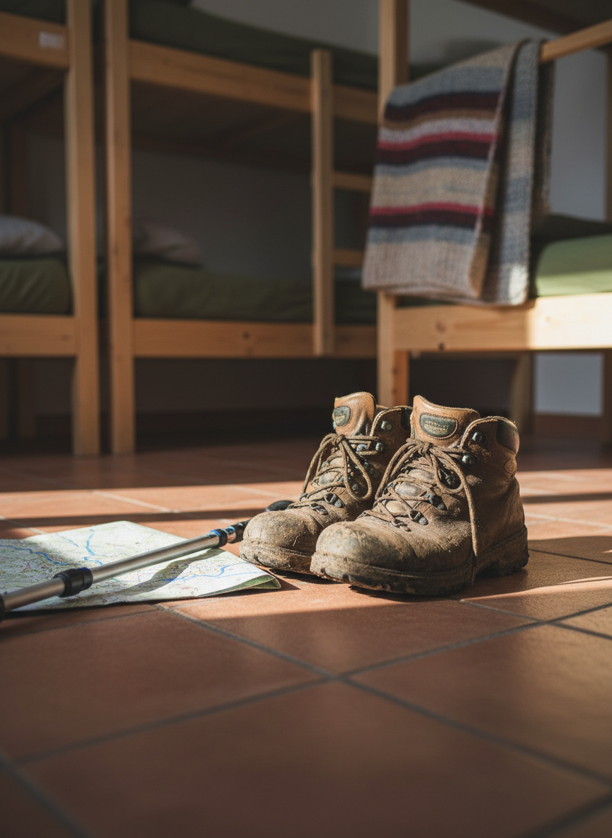 A pair of mud-splattered, well-used hiking boots placed neatly on cool terracotta tiles just inside the doorway of a small, rustic albergue. Beside them lies a lightweight trekking pole and a folded, slightly crumpled map with the Camino route faintly visible. Golden late-afternoon sunlight slants in through an unseen window, creating warm pools of light and long, soft-edged shadows on the floor. In the blurred background, simple wooden bunk beds and a hanging wool blanket hint at a shared pilgrim space. Photographic realism, shot from a low, close-up angle with shallow depth of field, emphasizing worn leather textures and dust. The atmosphere is intimate, weary, and reflective, capturing the quiet transition between walking and resting.