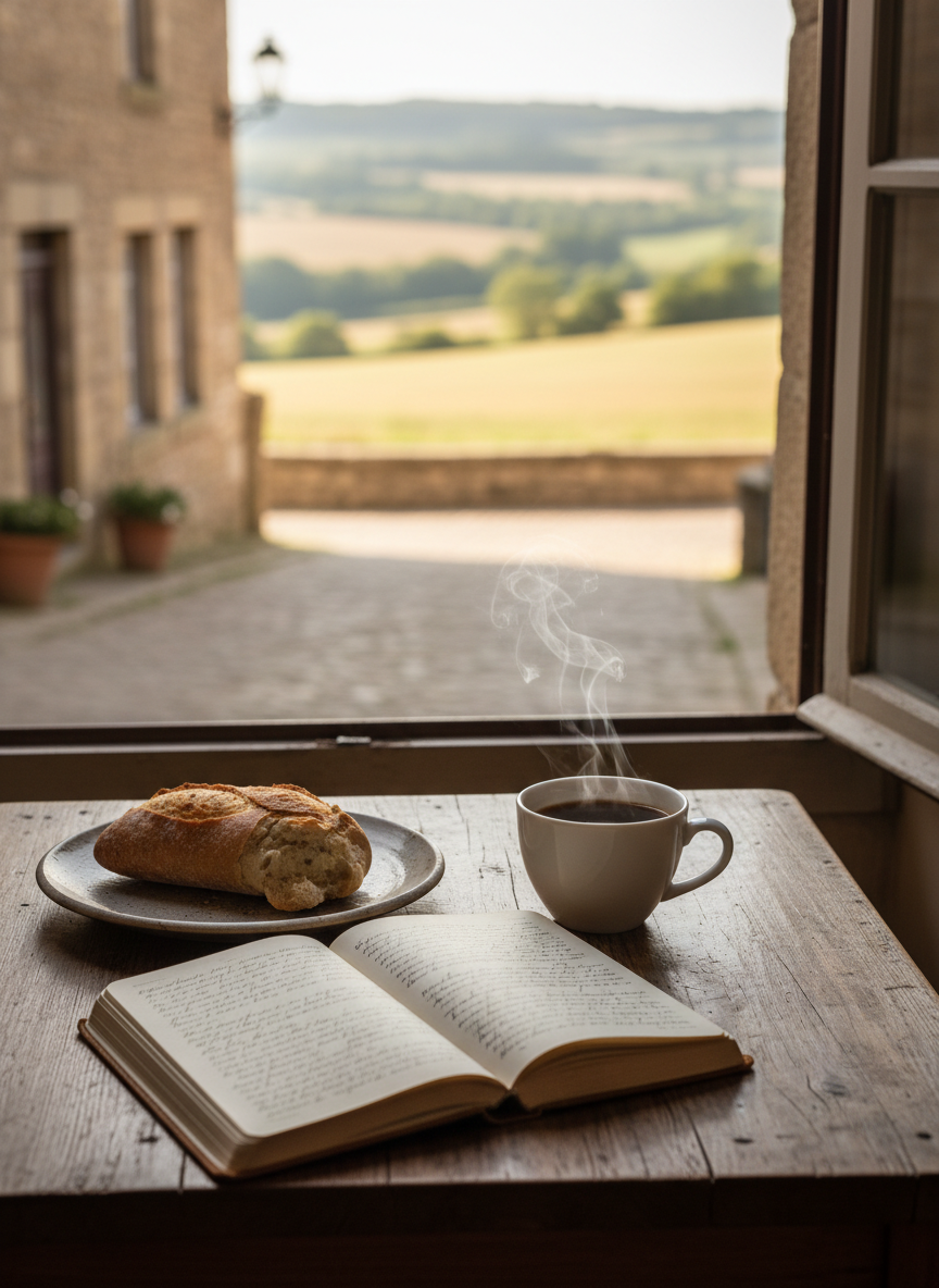 A small wooden table in a village café along the Camino, set beside an open window looking out onto a cobblestone street and distant rolling hills. On the table rests a simple white ceramic cup of dark coffee, a crusty half-eaten baguette on a stoneware plate, and a well-thumbed journal open to a page filled with faint, illegible handwriting. Soft mid-morning light pours through the window, illuminating steam rising from the cup and creating gentle reflections on the tabletop. Photographic realism, shot from a slightly elevated angle with a moderate depth of field so the table is in sharp focus while the street scene beyond the window is softly blurred. The atmosphere is sophisticated yet unpretentious, evoking a moment of solitary reflection and quiet observation during the Camino journey.
